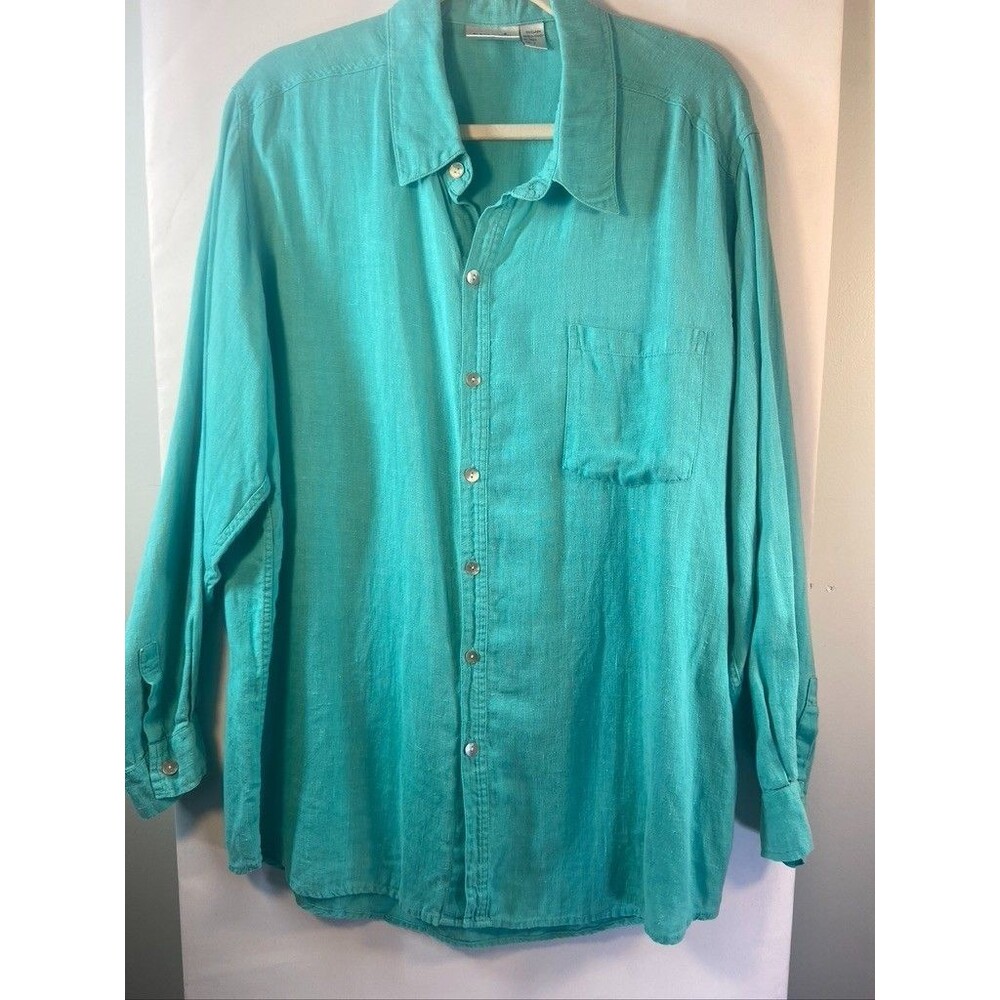 CHICO'S DESIGN WOMENS XLARGE 3 100% LINEN TORQUISE LONG SLEEVE TUNIC SHIRT